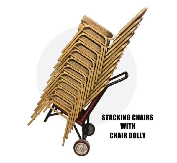 Trolly with a stack of chairs on it