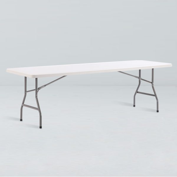 Plastic banquet table with folding metal legs.