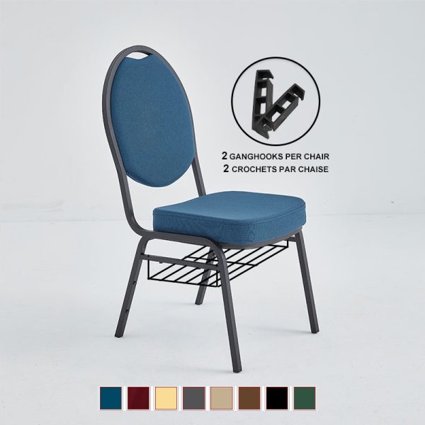 Stacking chair with oval back uphoolstered in blue fabric.