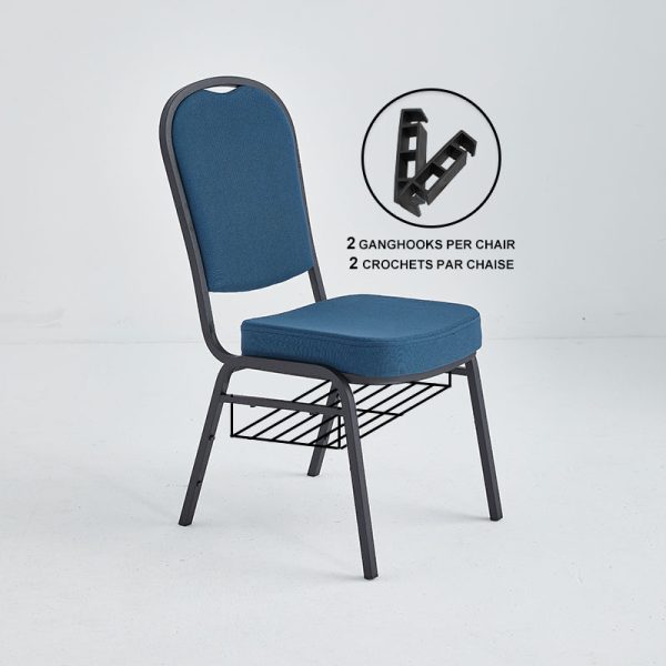 Stacking church chair upholstered with blue fabric, removable book rack and a silver vein powder coated frame finish.