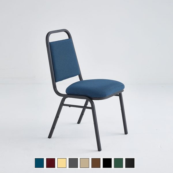 Economic stacking chair with a black metal frame finish and blue fabric.
