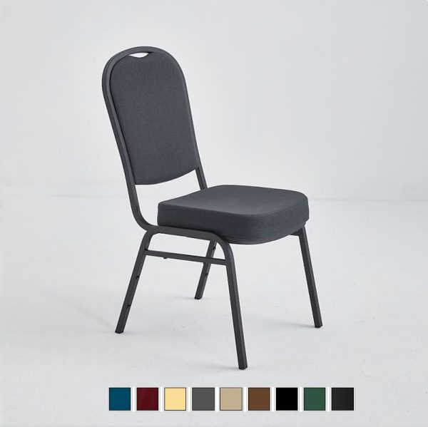 Classic banquet stacking chair with metal frame and grey fabric.
