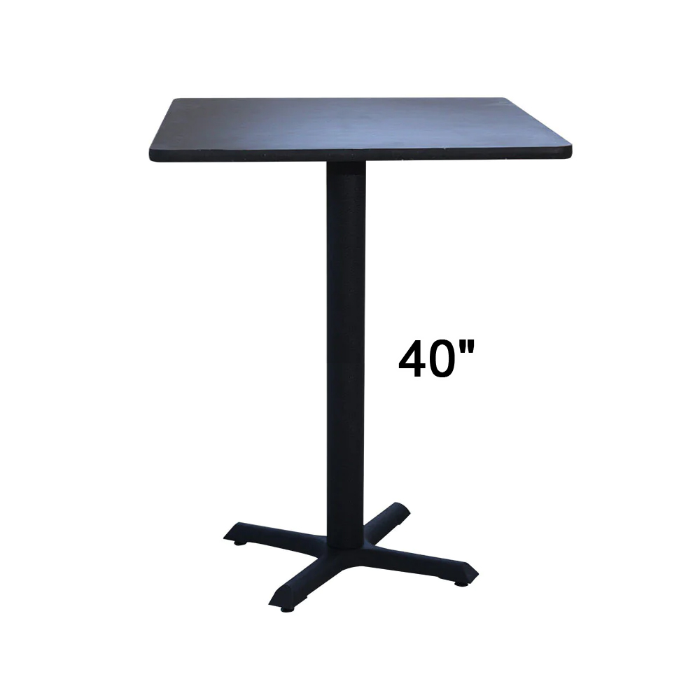 table hauteur bar pour restaurant avec dessus carré de couleur noir et base en croix fait de fonte.