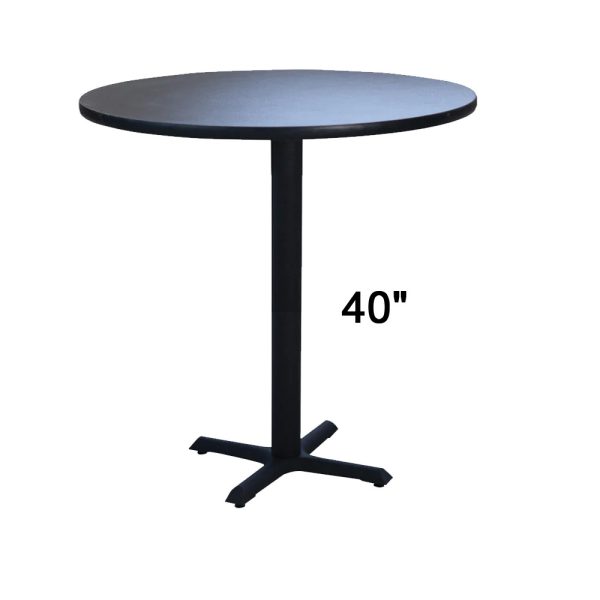 Black bar height table for restaurant with round table top and cross cast iron cross base