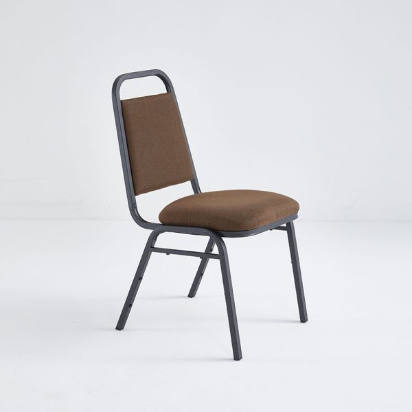 Banquet stacking chair with black metal frame and brown fabric.