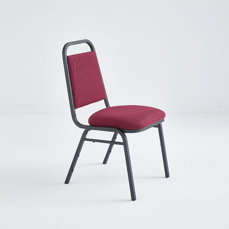 Economic stacking chair with a burgundy commercial grade fabric and upholstered seat and back.
