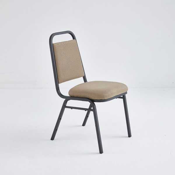 Economic stacking chair with Khaki fabric and a black metal frame finish.