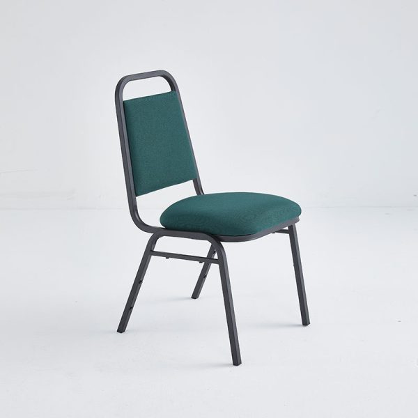 Economic banquet chair with green commercial grade fabric and a black powder coated frame finish.