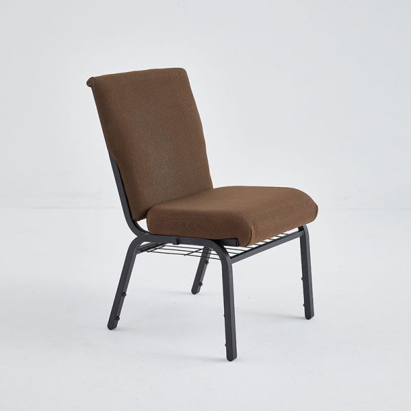 brown church chair with book rack, pocket, and gang hooks