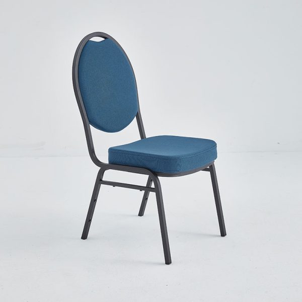Banquet stacking chair with oval back upholstered with a blue commercial grade fabric and a metal frame.