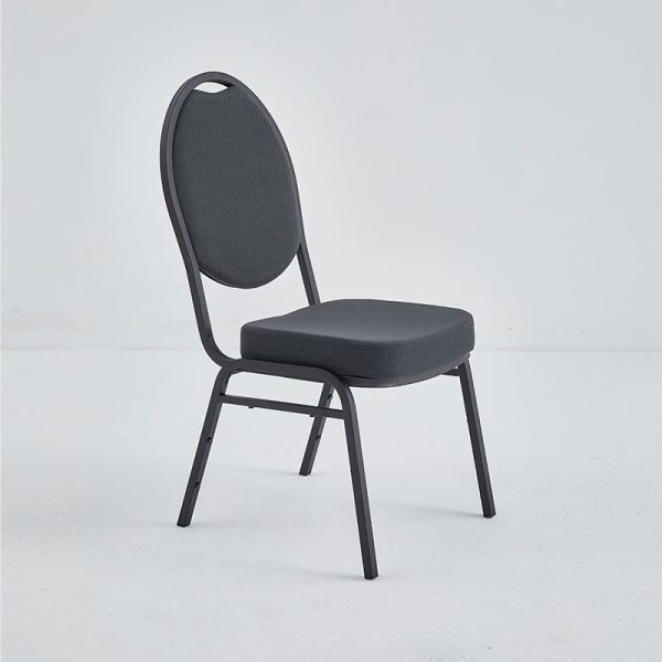 Banquet stacking chair with oval back upholstered with grey fabric and a textured black frame finish.