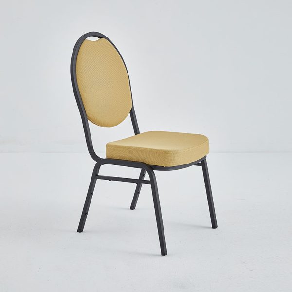 Banquet chairs with metal frame, oval back and gold fabric.