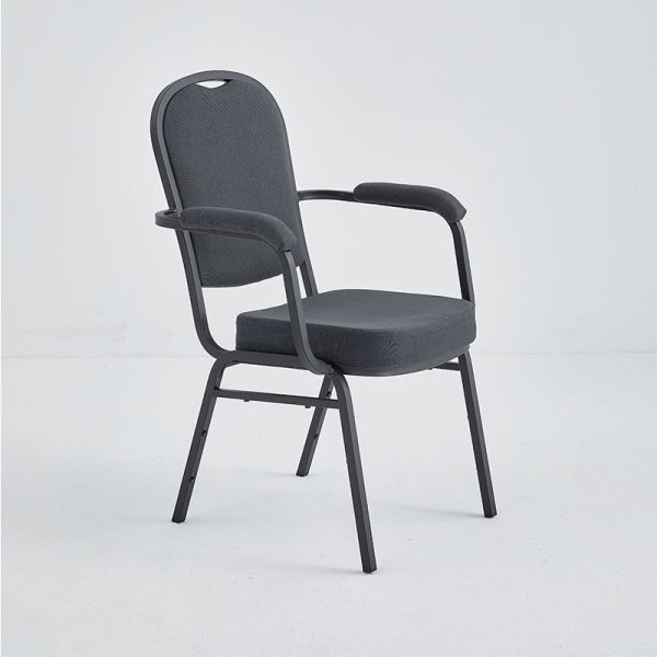 Upholstered stacking armchair with dark gray fabric.