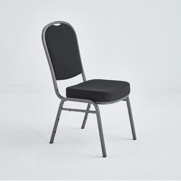Banquet stacking chair with a black commercial grade fabric and a silver vein frame finish.
