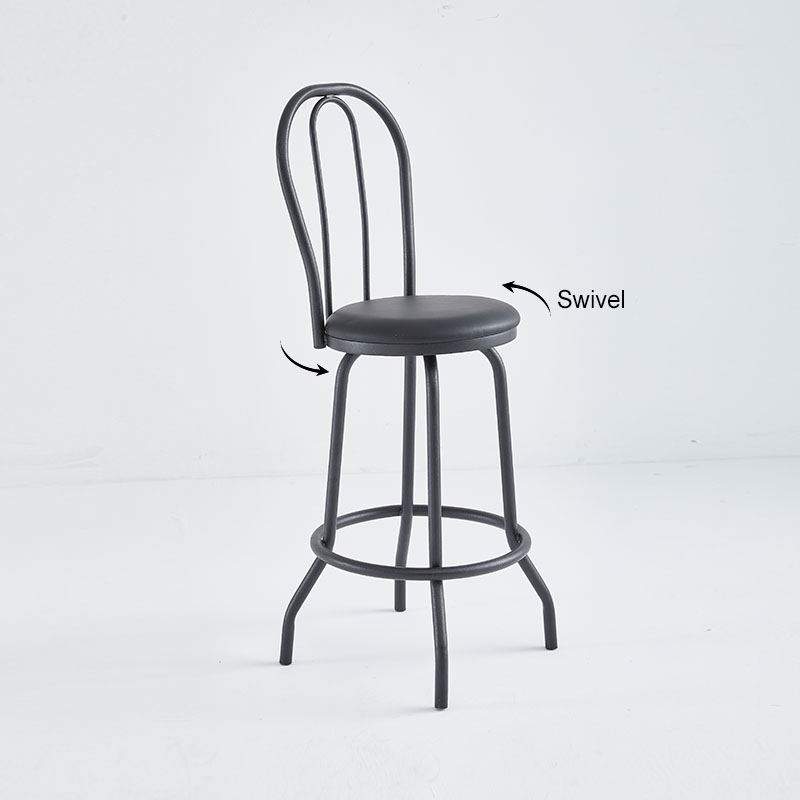 Black bar stool with swivel and black vinyl seat.