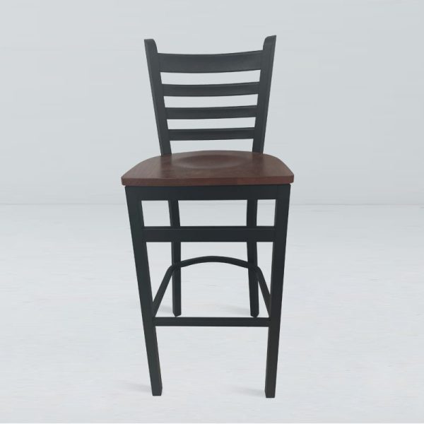 Restaurant barstool with black metal frame and a wood seat.