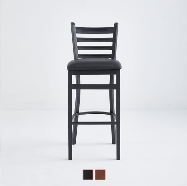Restaurant barstool with upholstered seat and metal frame.