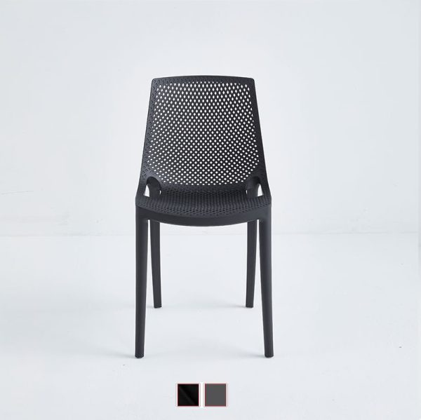 Black modern polypropylene chair for restaurants or patios.