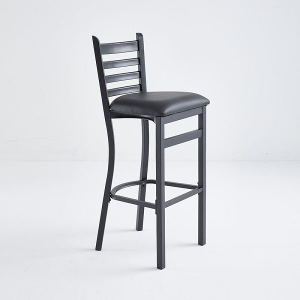 Modern bar stool with textured black frame finish and black vinyl upholstery