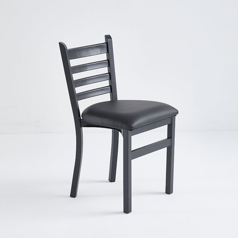 Black restaurant chair with ladderback and a black vinyl seat.